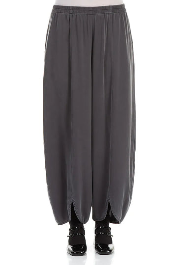 Front Slit Hem Grey Silver Silk Trousers 1