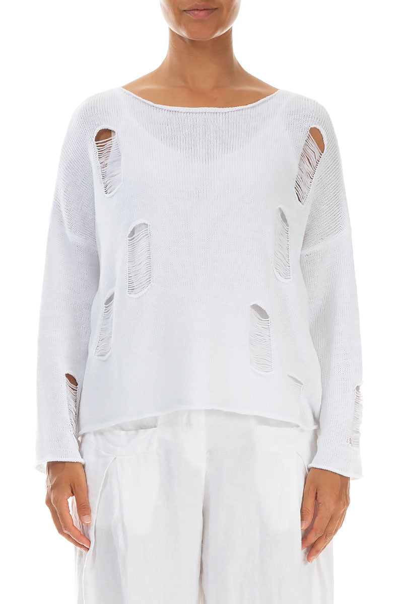 Hole-Detail White Linen Jumper