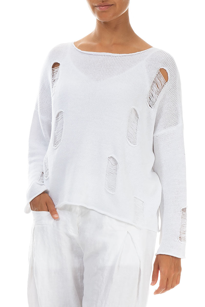 Hole-Detail White Linen Jumper