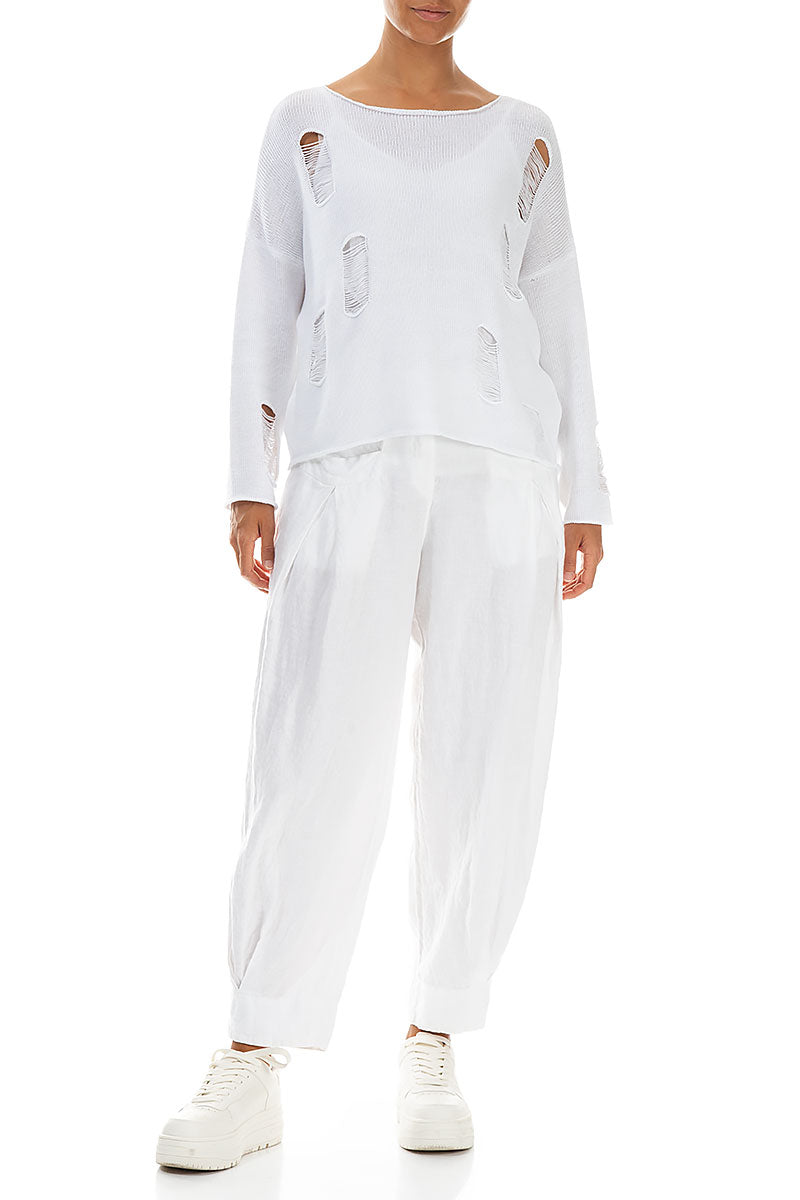 Hole-Detail White Linen Jumper