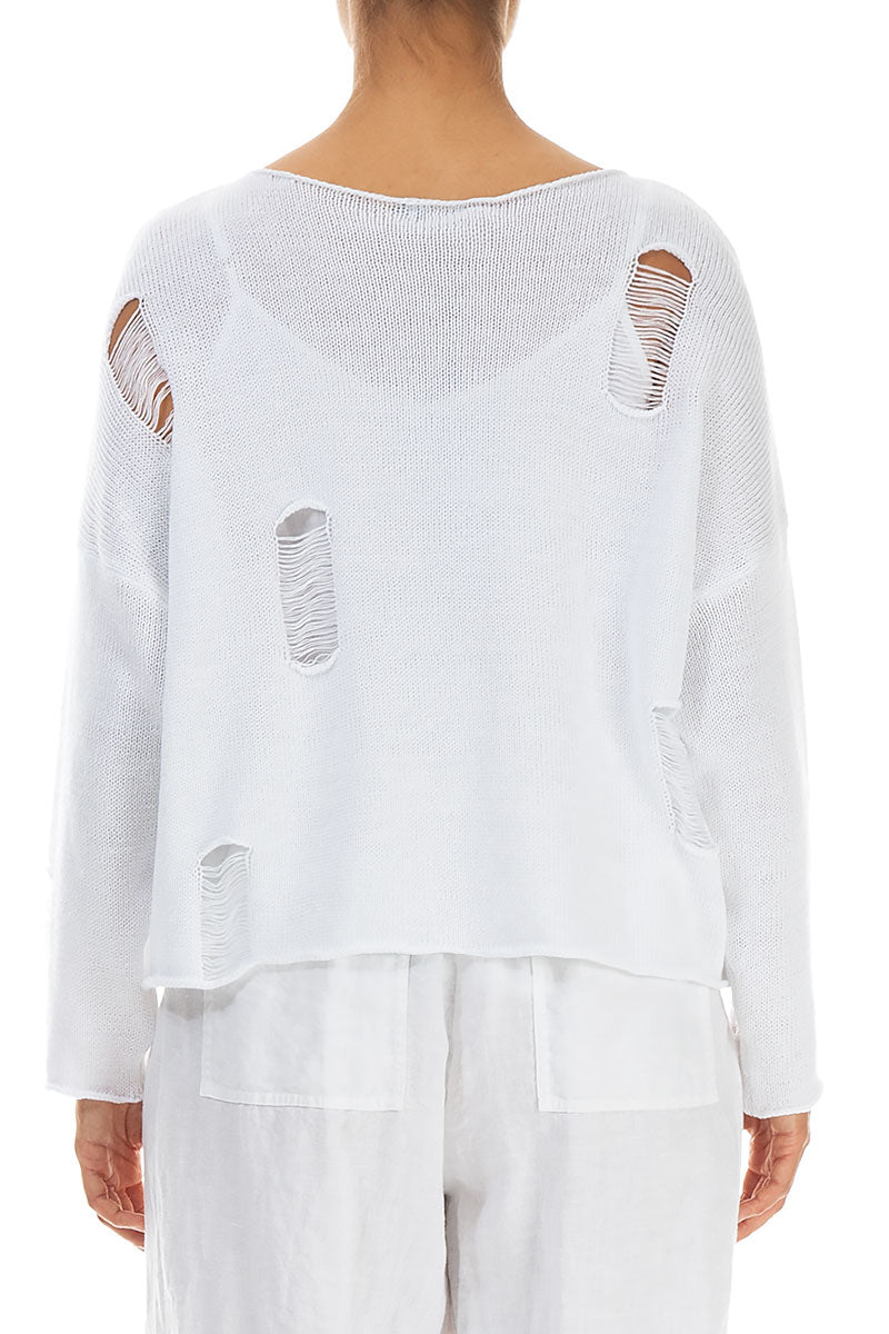 Hole-Detail White Linen Jumper