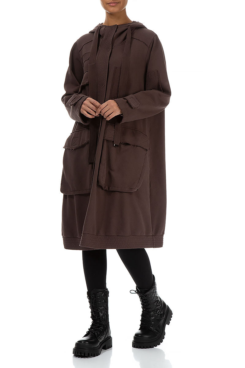 Hooded Three Pockets Pepper Brown Cotton Jacket