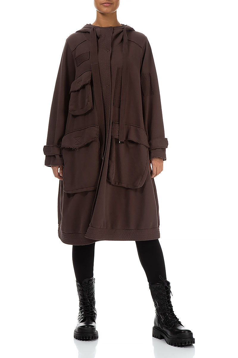Hooded Three Pockets Pepper Brown Cotton Jacket
