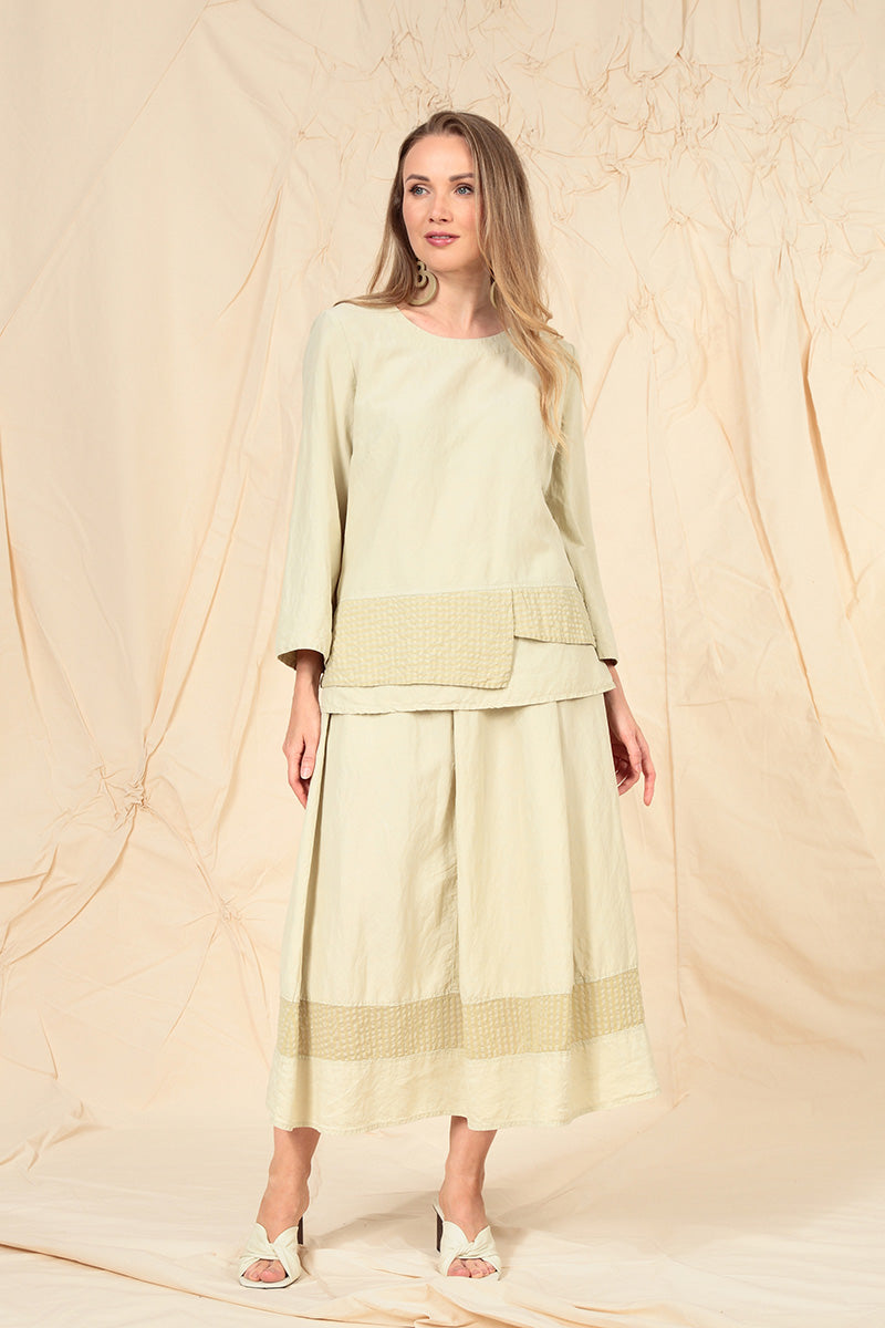 Layered Textured Hem Laurel Green Silk Linen Blouse