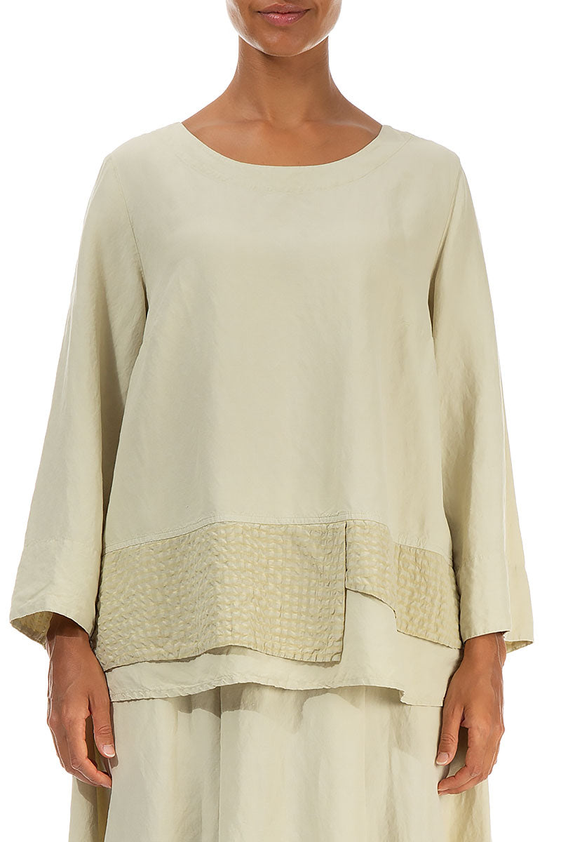 Layered Textured Hem Laurel Green Silk Linen Blouse