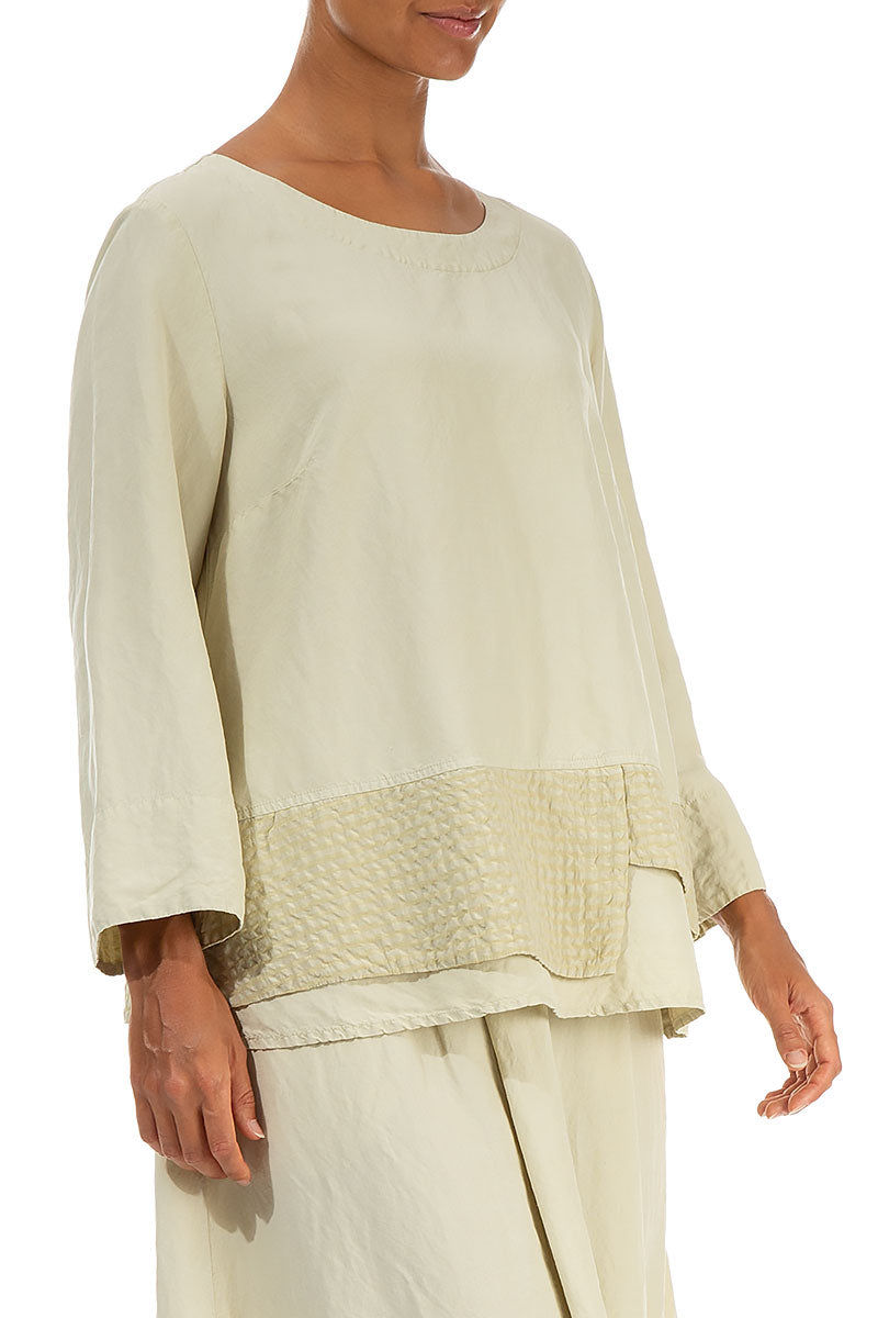 Layered Textured Hem Laurel Green Silk Linen Blouse