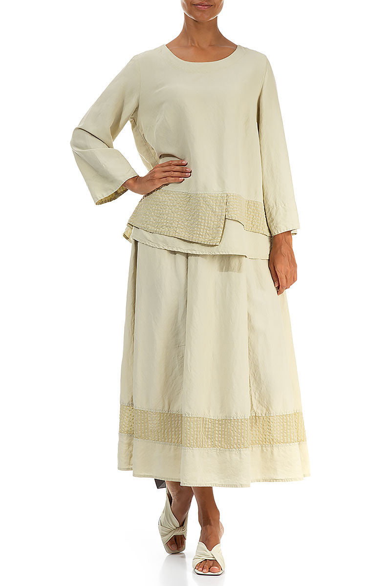 Layered Textured Hem Laurel Green Silk Linen Blouse