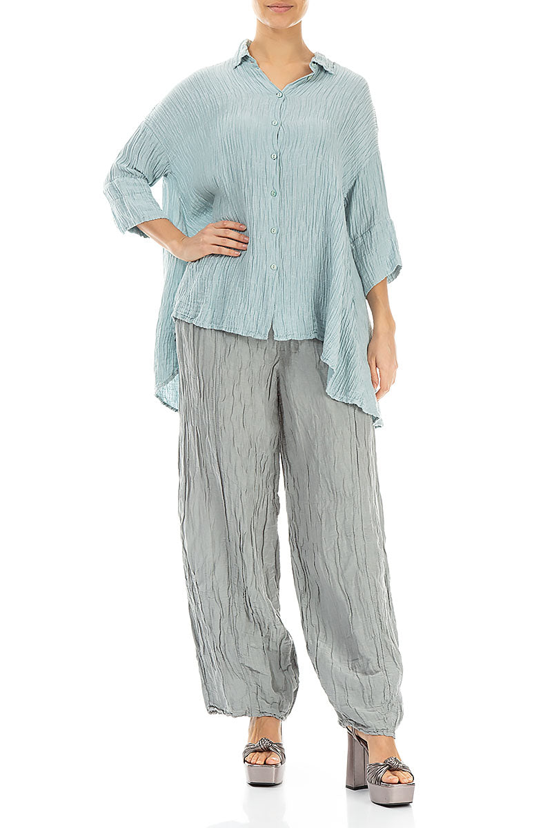 Long Crinkled Light Grey Silk Linen Trousers