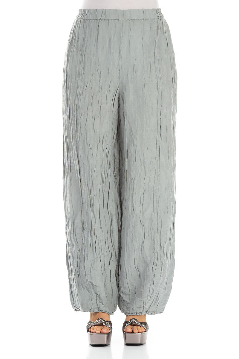 Long Crinkled Light Grey Silk Linen Trousers