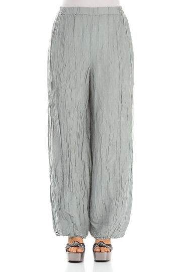 Long Crinkled Light Grey Silk Linen Trousers