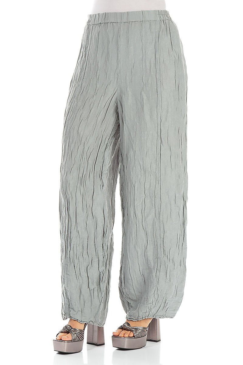 Long Crinkled Light Grey Silk Linen Trousers