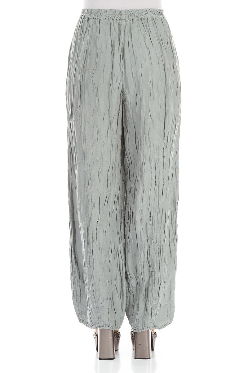 Long Crinkled Light Grey Silk Linen Trousers