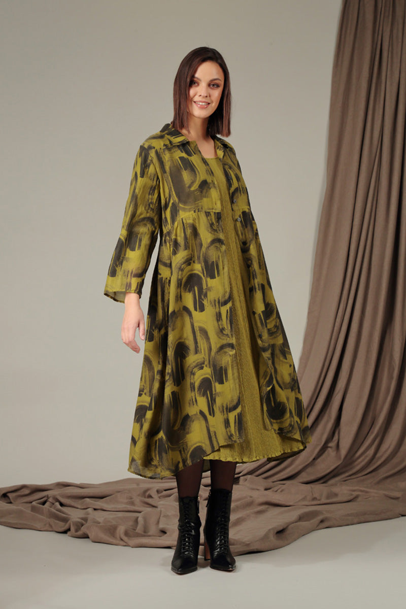 Long Golden Lime Paintwave Silk Cotton Jacket