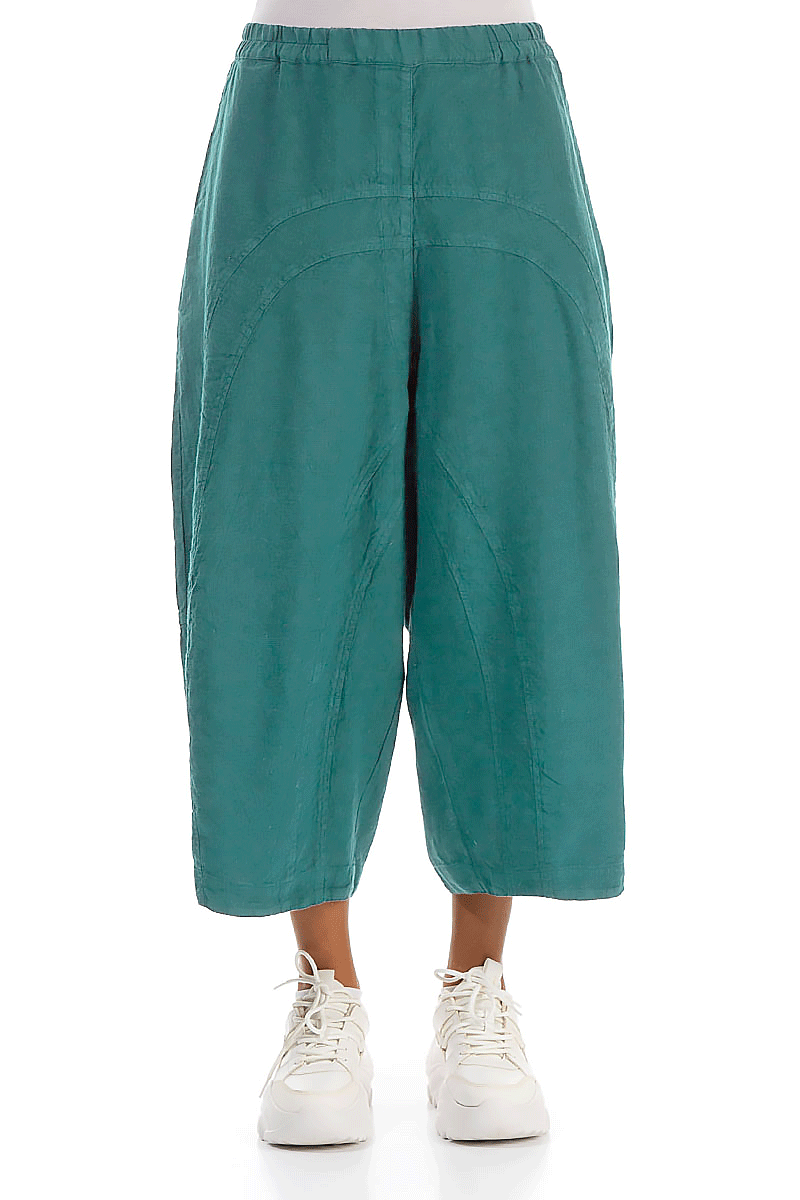 Loose Back Pockets Turquoise Linen Trousers