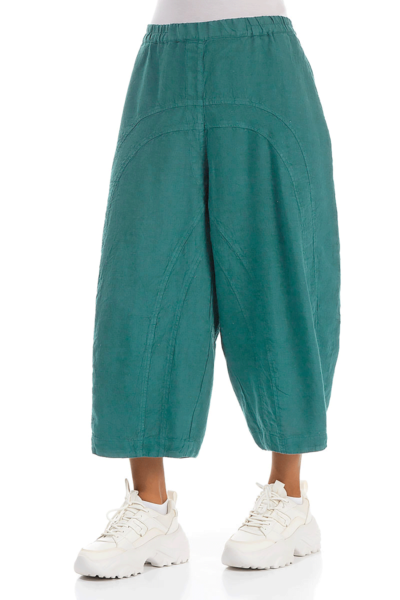 Loose Back Pockets Turquoise Linen Trousers