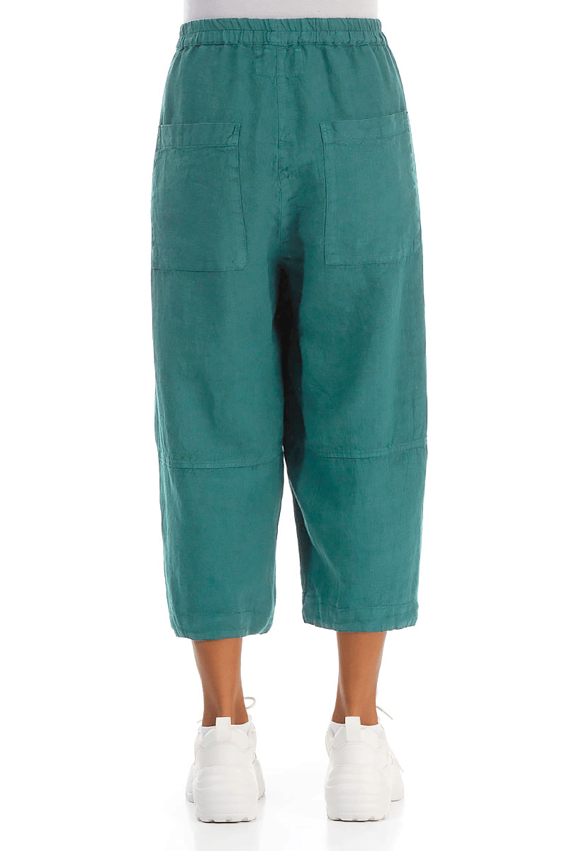 Loose Back Pockets Turquoise Linen Trousers