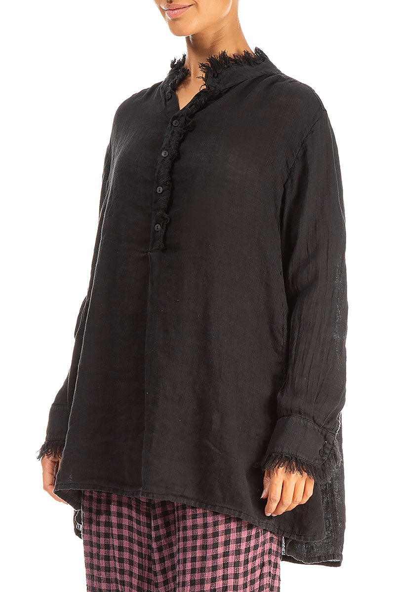 Loose Black Gauze Linen Shirt