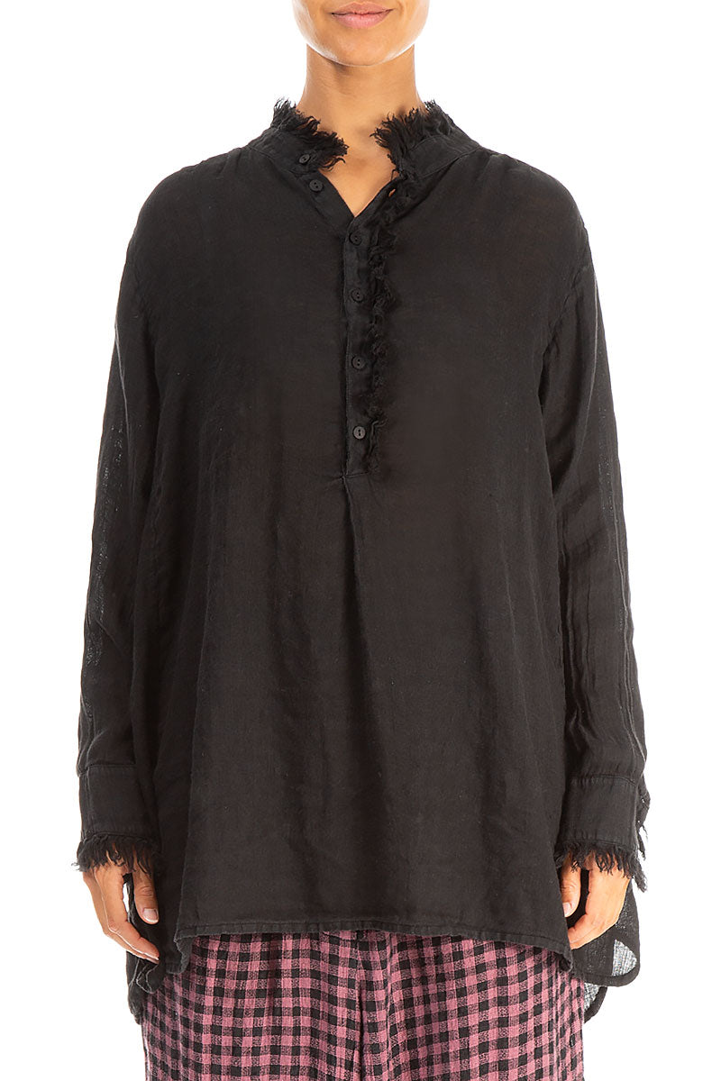 Loose Black Gauze Linen Shirt