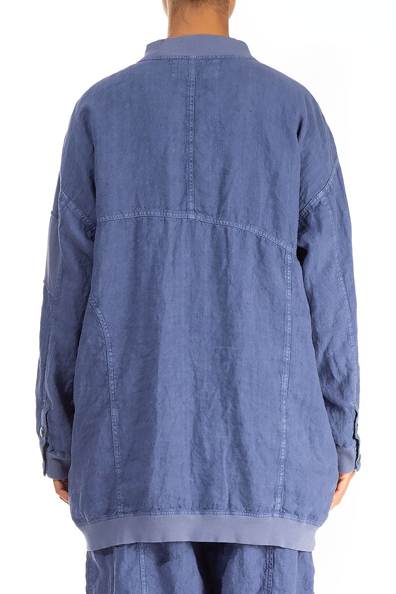 Loose Blue Off-Dye Linen Bomber Jacket