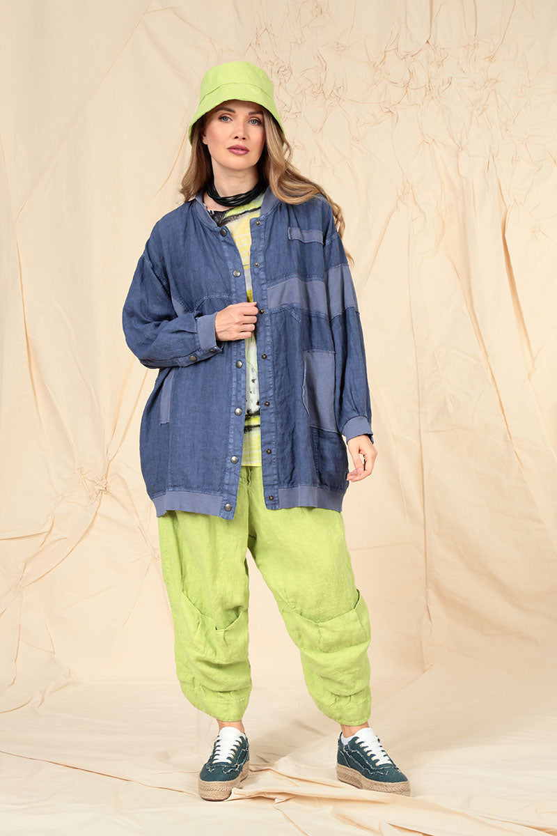 Loose Blue Off-Dye Linen Bomber Jacket