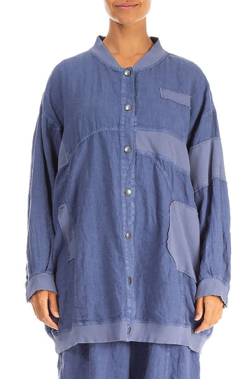 Loose Blue Off-Dye Linen Bomber Jacket