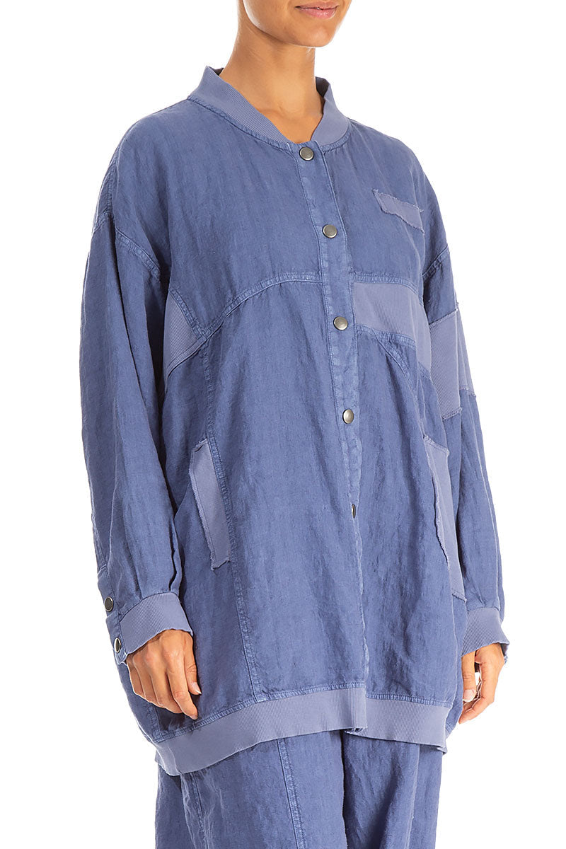 Loose Blue Off-Dye Linen Bomber Jacket