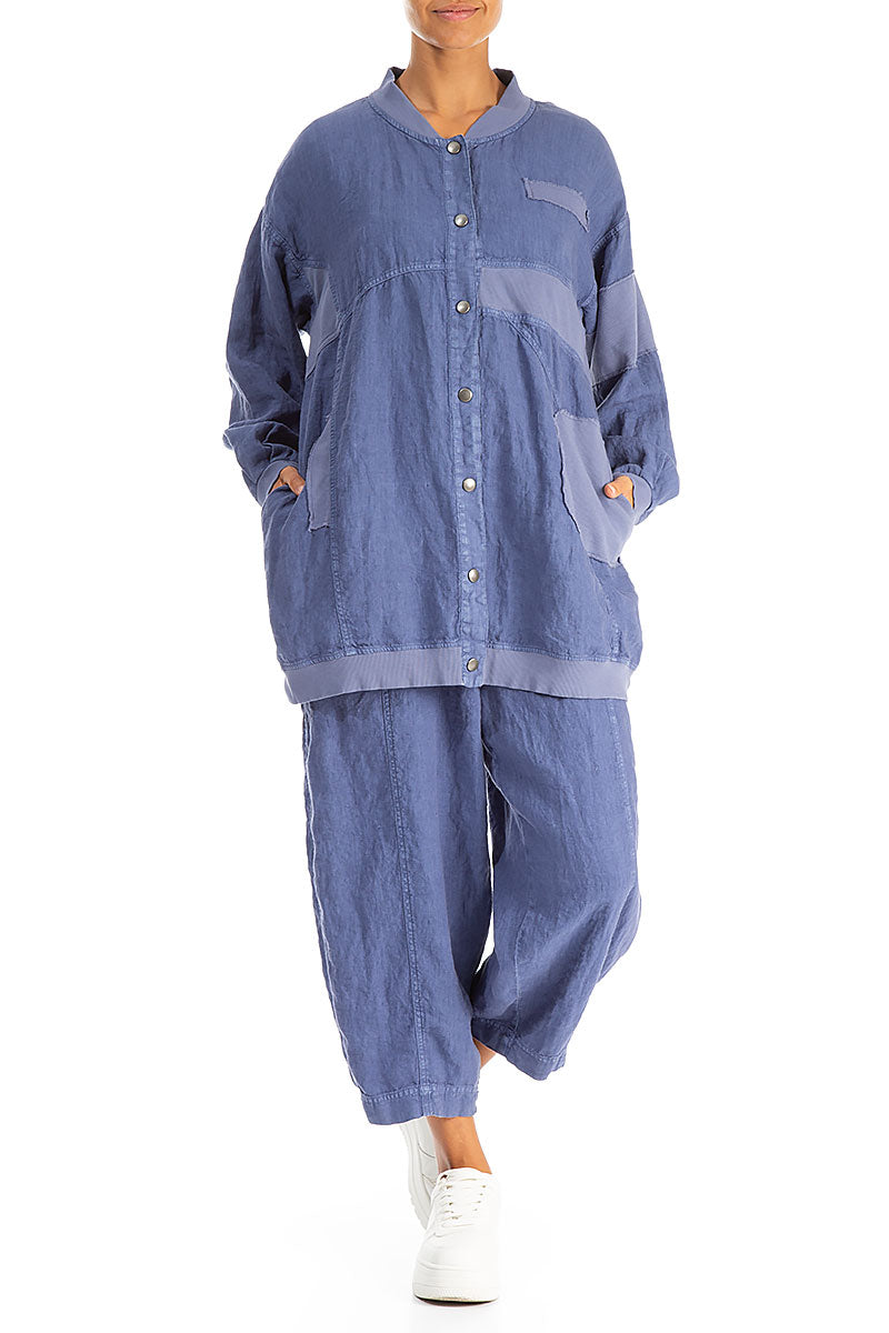 Loose Blue Off-Dye Linen Bomber Jacket