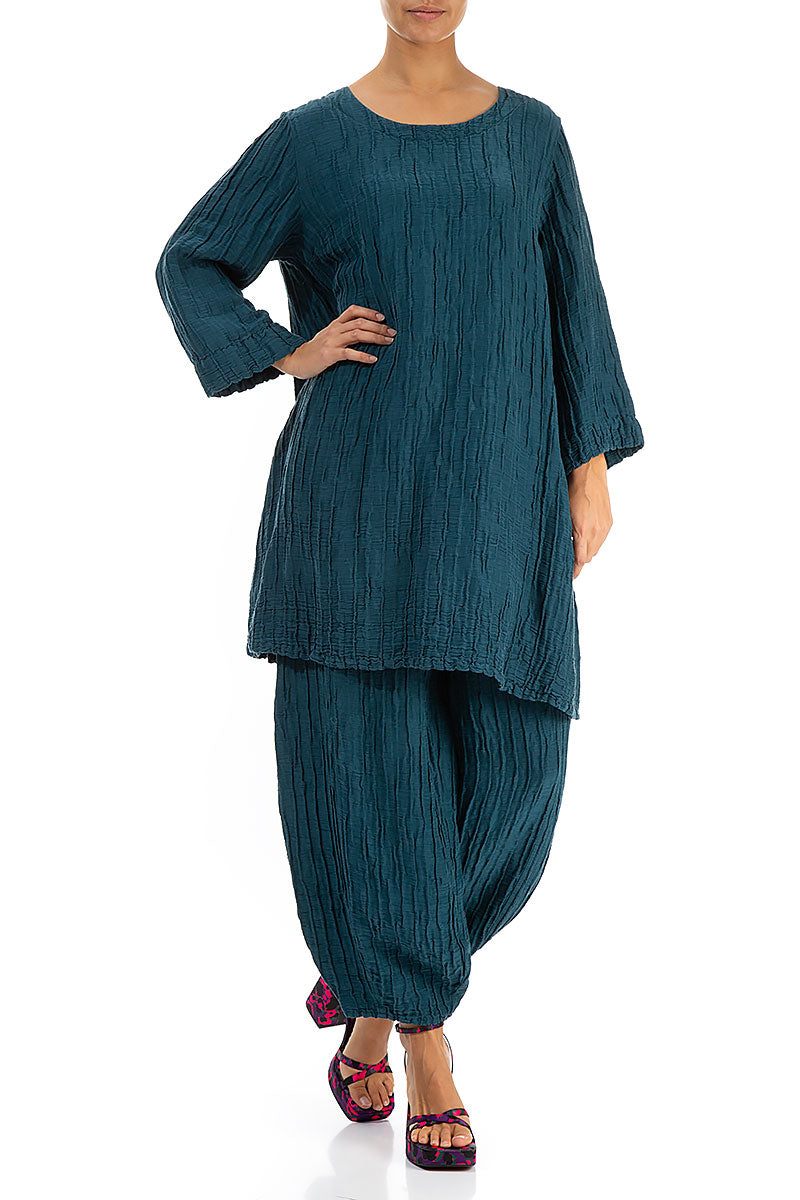 Loose Crinkled Dark Teal Silk Tunic
