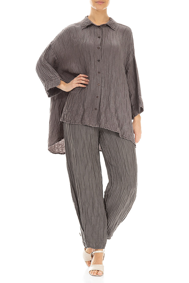 Loose Crinkled Truffle Silk Linen Shirt