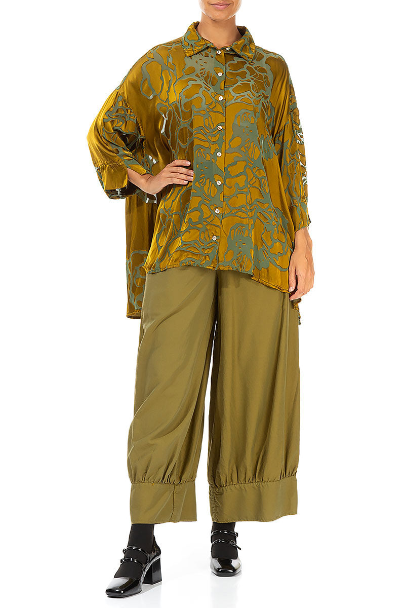 Loose Floral Olive Silk Shirt