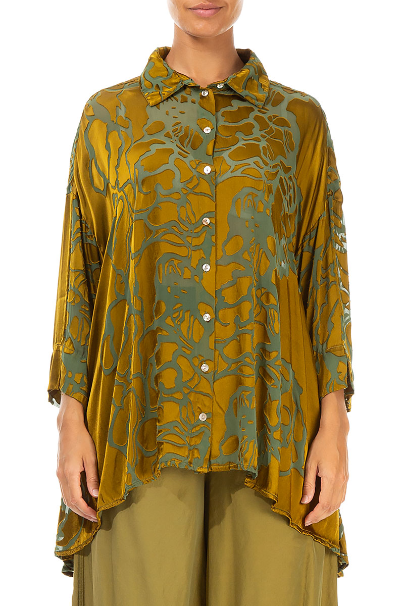 Loose Floral Olive Silk Shirt