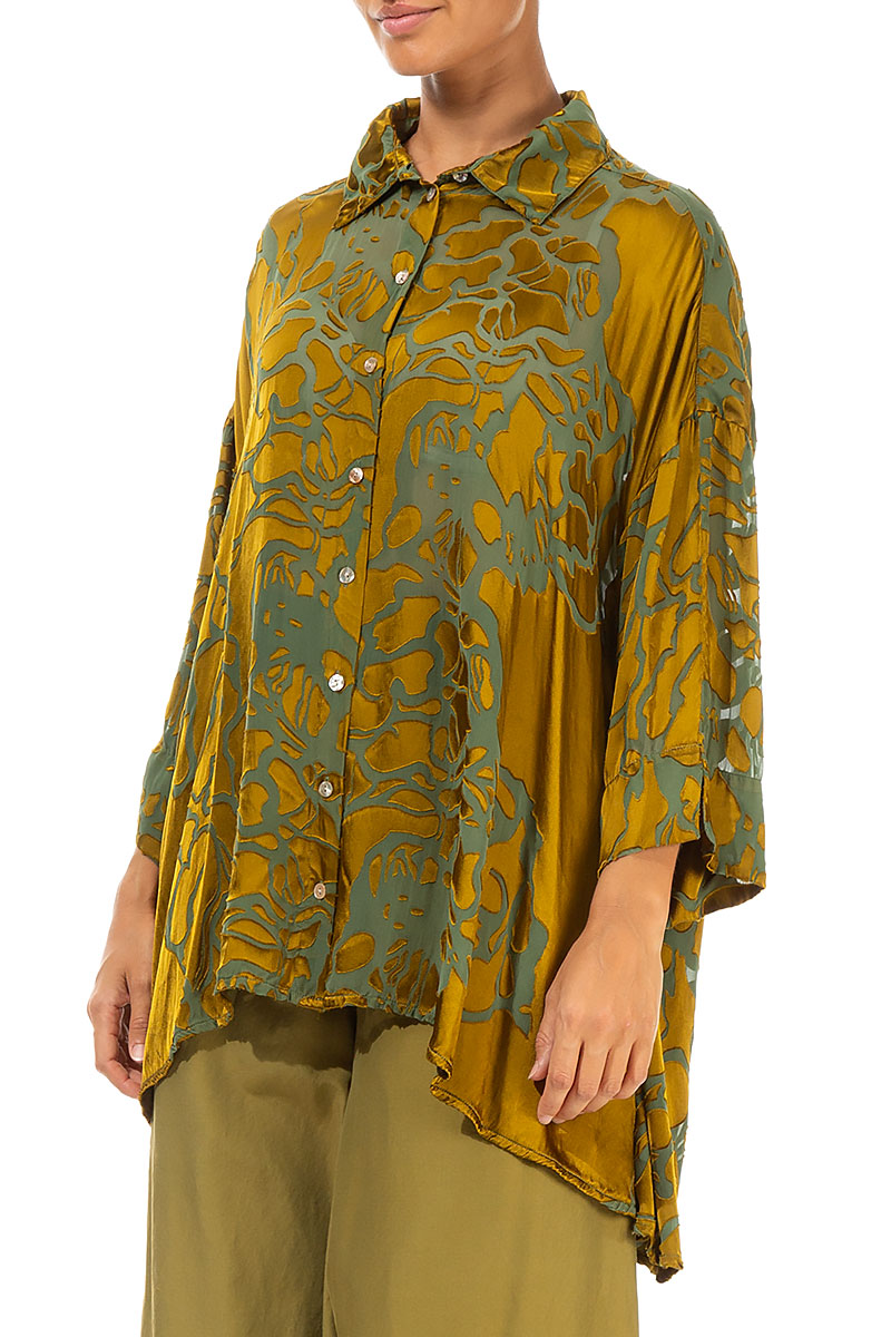 Loose Floral Olive Silk Shirt