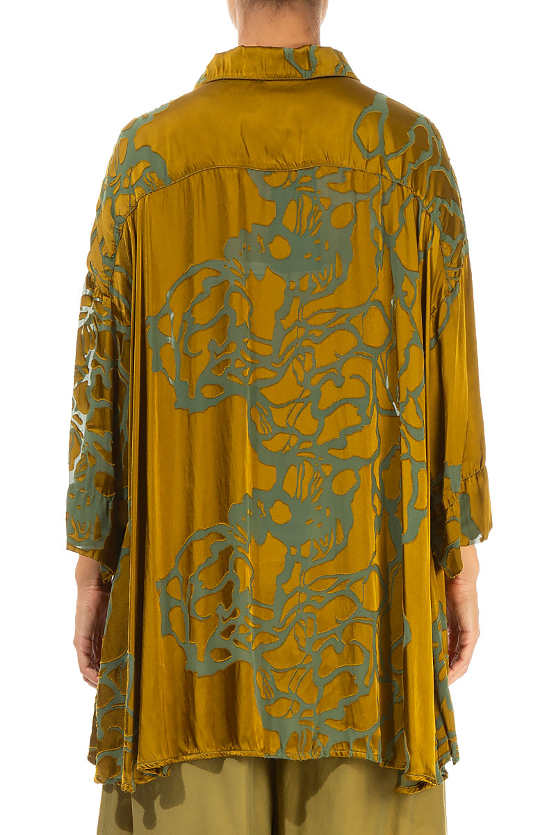 Loose Floral Olive Silk Shirt