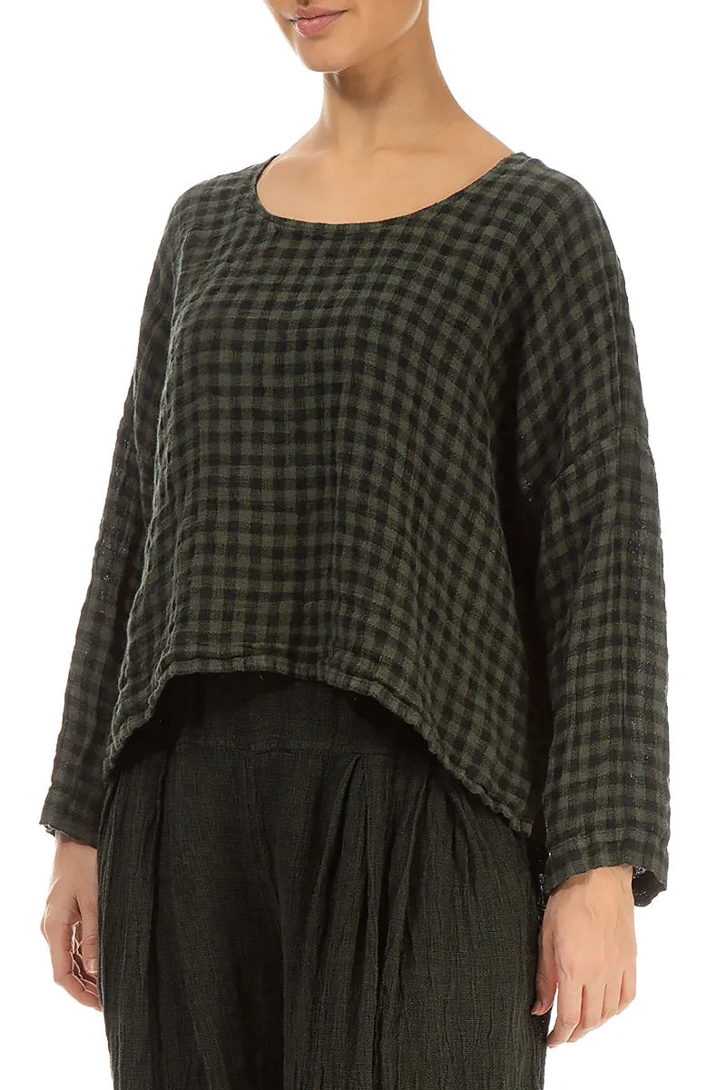 Loose Forest Mist Check Linen Blouse 3