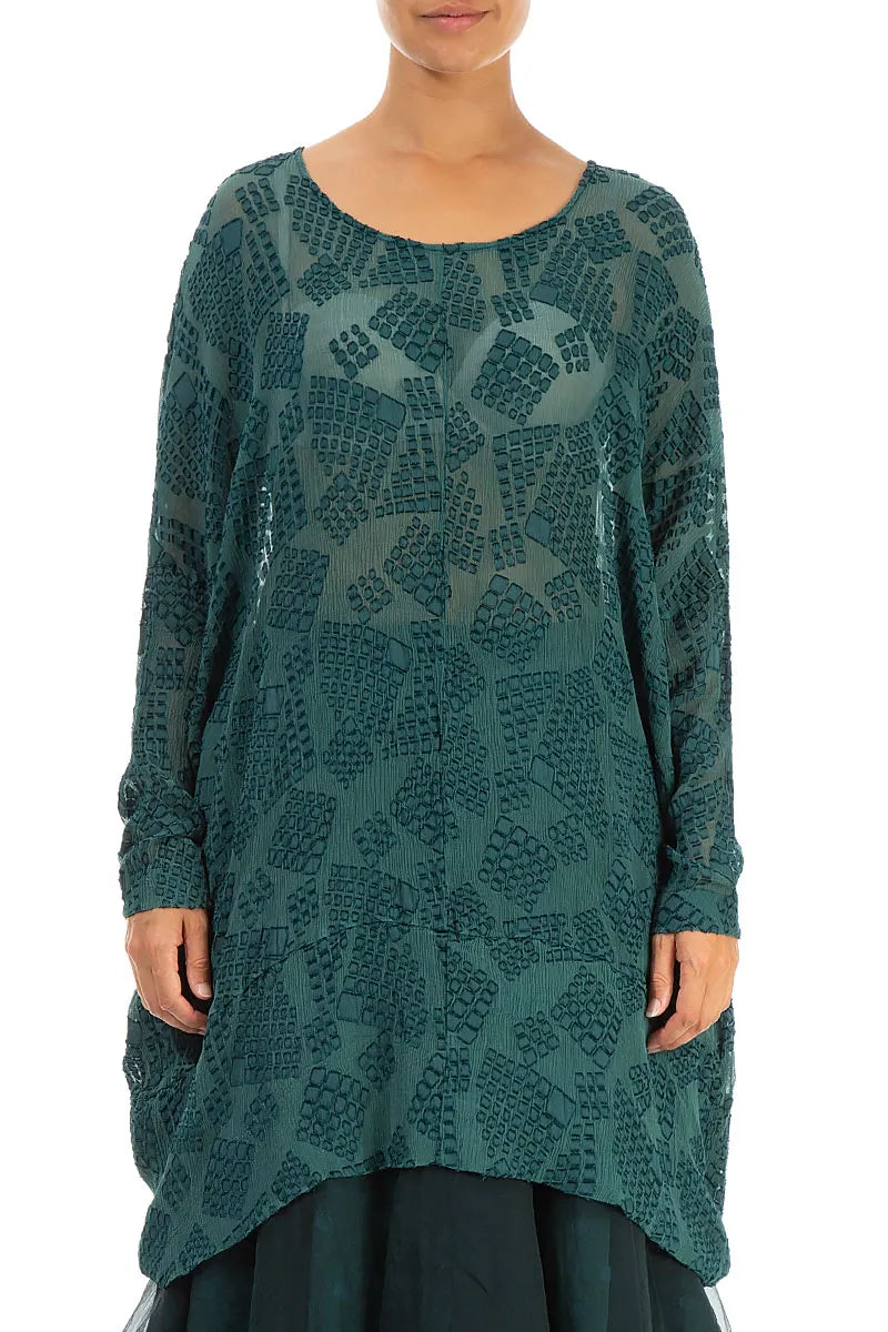 Loose Patterned Teal Silk Tunic 1
