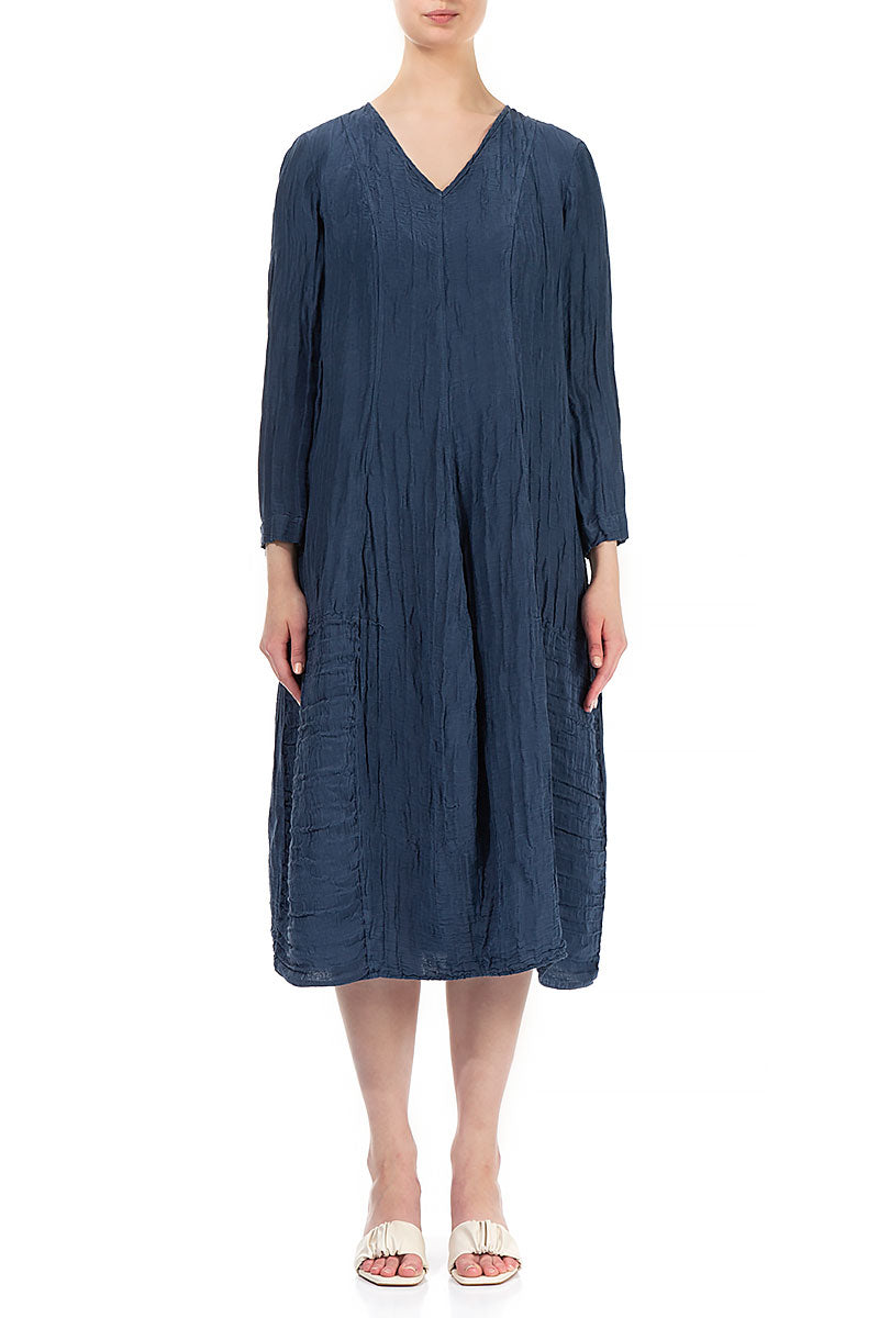 V-neck Crinkled Denim Blue Dress