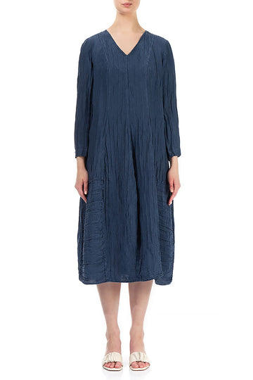 V-neck Crinkled Denim Blue Dress