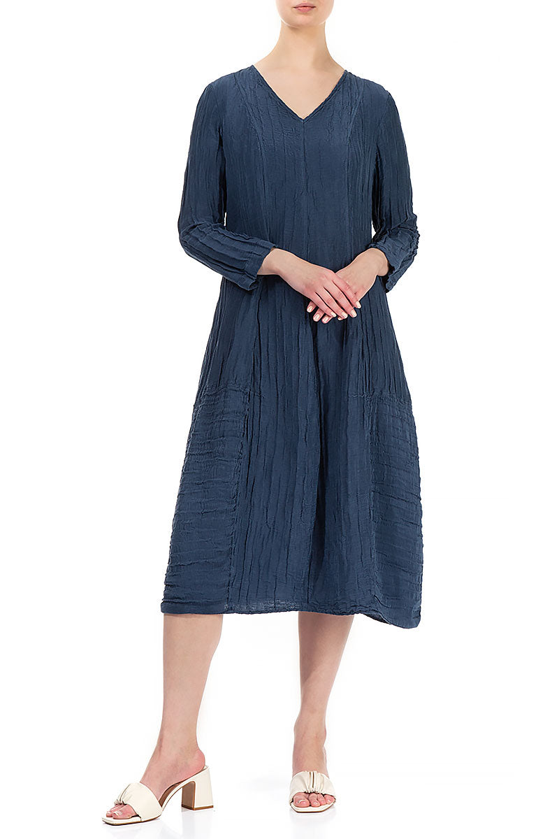 V-neck Crinkled Denim Blue Dress