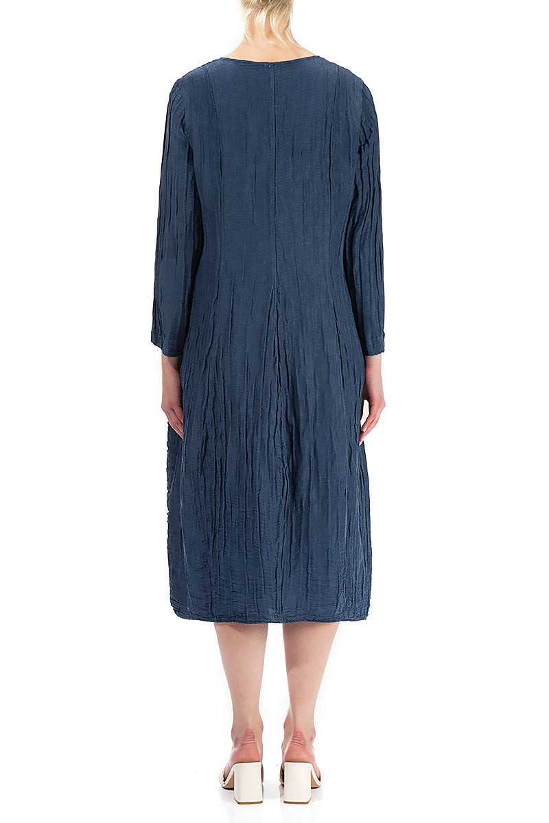 V-neck Crinkled Denim Blue Dress