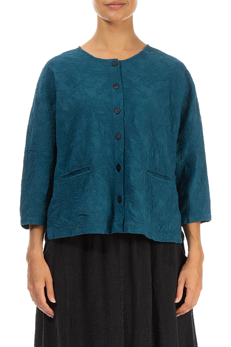 Embroidered Flowers Dark Teal Cotton Jacket