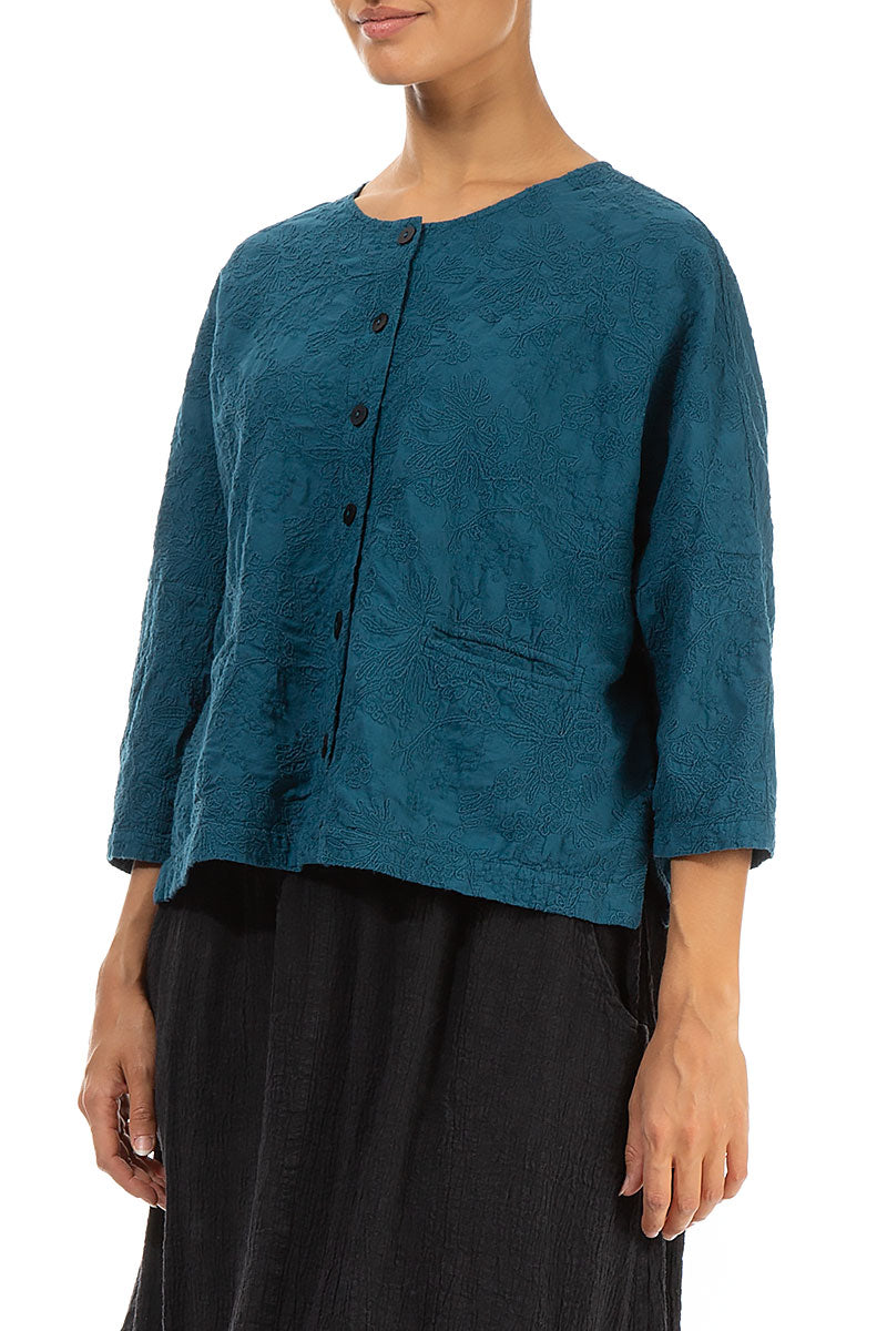 Embroidered Flowers Dark Teal Cotton Jacket