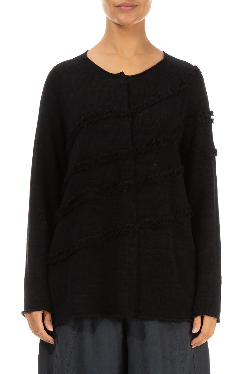 Decorated Front Black Linen Jumper