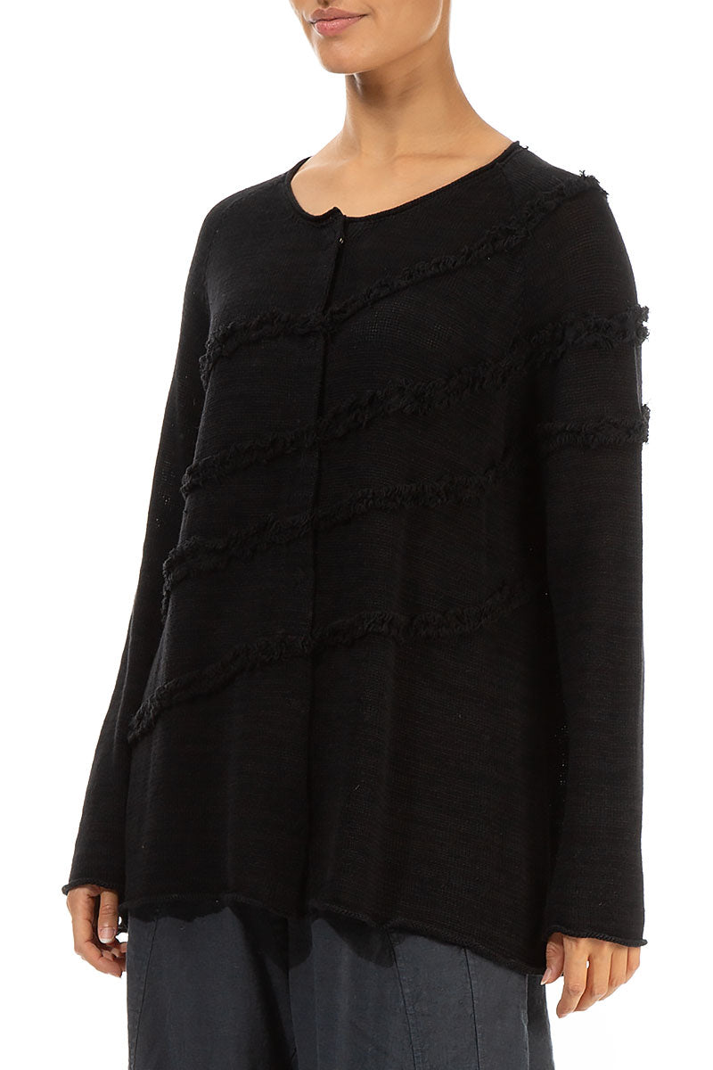 Decorated Front Black Linen Jumper