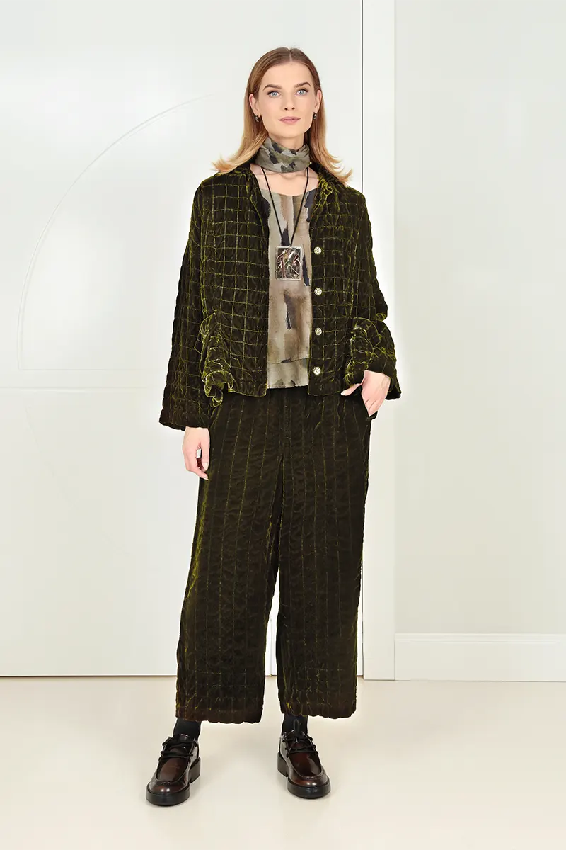 Forest Mist Pleated Silk Velvet Trousers
