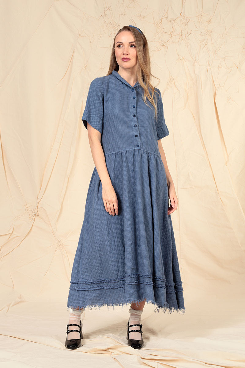 Peter Pan Collar Raw Hem Blue Nova Linen Dress