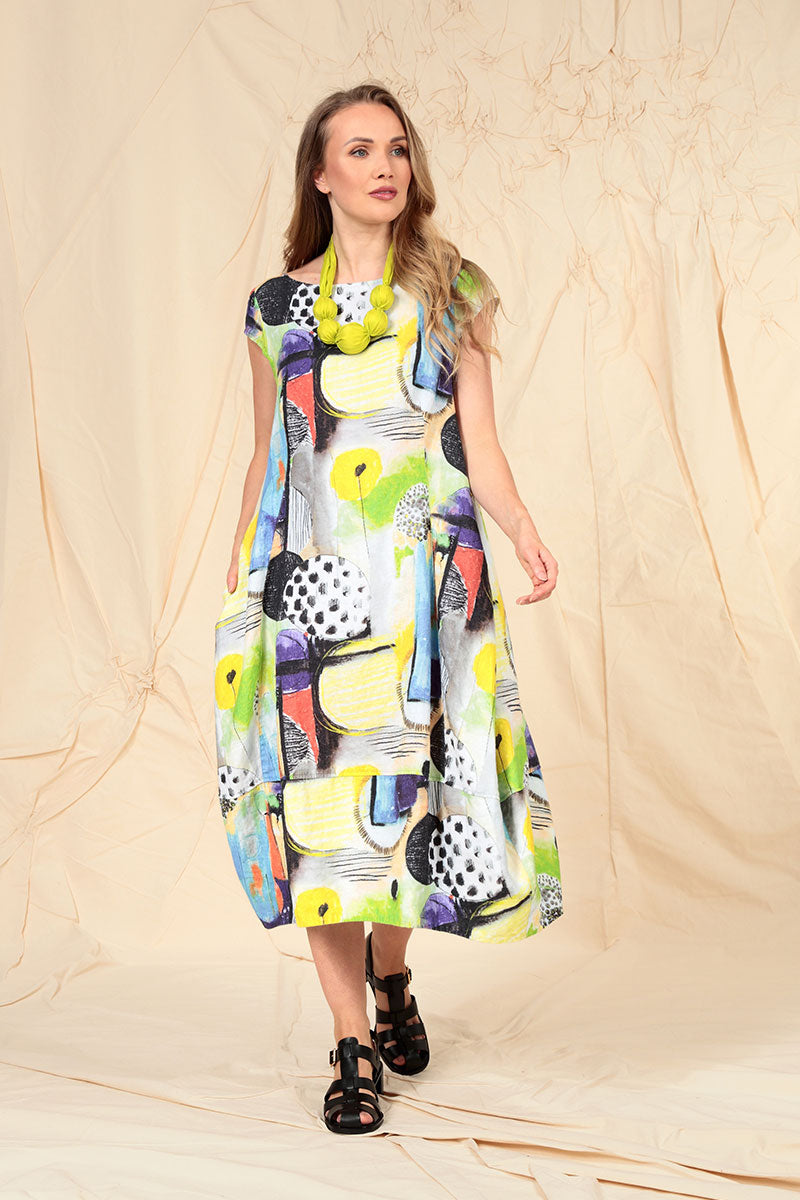 Flared Back Artmaze Linen Dress