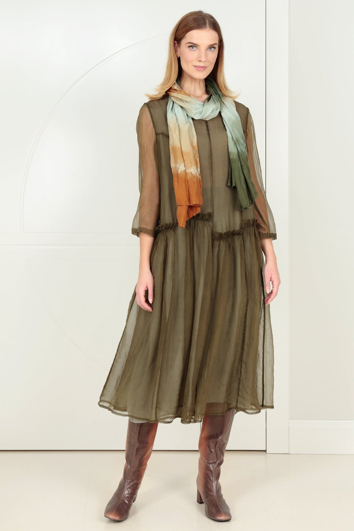 Ruched Forest Mist Silk Chiffon Dress