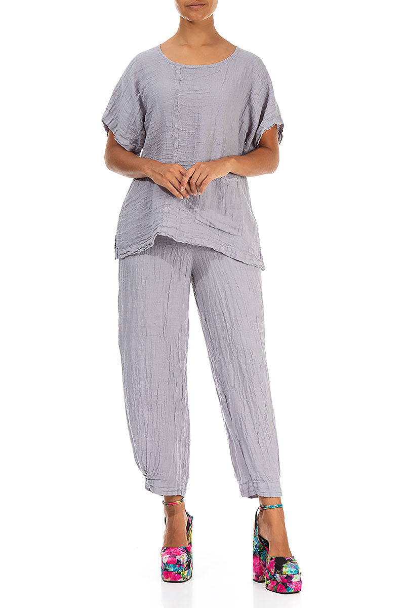 Short Sleeves Lilac Grey Linen Blouse