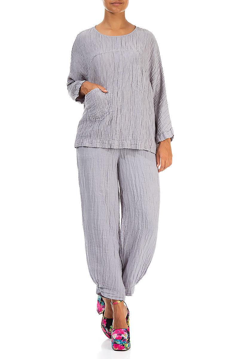 Boxy Crinkled Lilac Grey  Silk Blouse