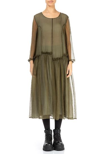 Ruched Forest Mist Silk Chiffon Dress